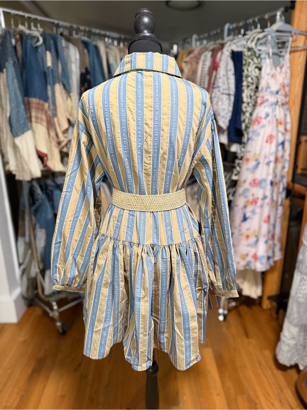 MEET ME IN SANTORINI Striped Babydoll Shirt Mini Dress Blue Tan NWT - Picture 5 of 6